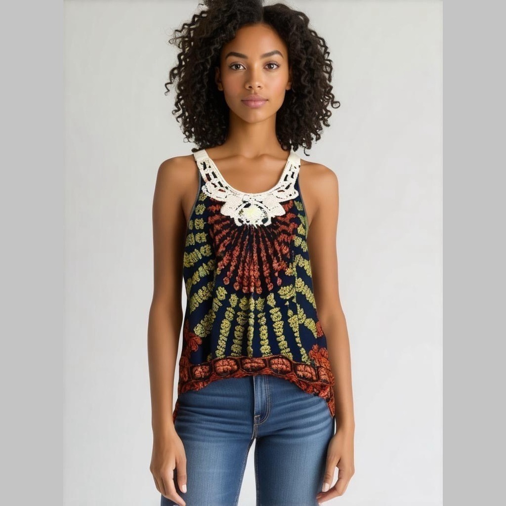 Free People Blue and Orange Print Top Tank Dress
Size SM Embroidery Swim Cover